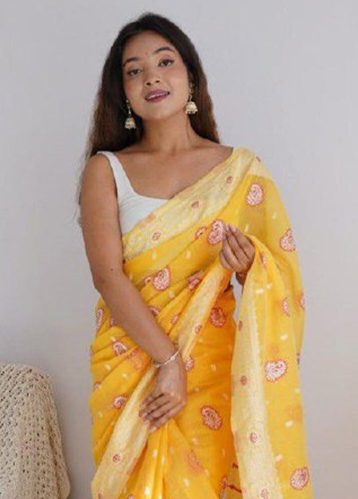 Yellow Cotton Saree With Blouse Piece