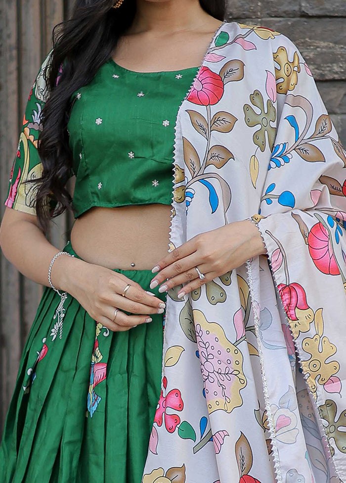 3 Pc Green Silk Semi Stitched Lehenga Set