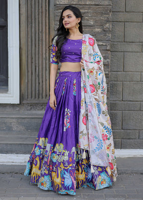 3 Pc Purple Silk Semi Stitched Lehenga Set