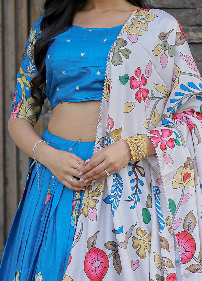 3 Pc Blue Silk Semi Stitched Lehenga Set