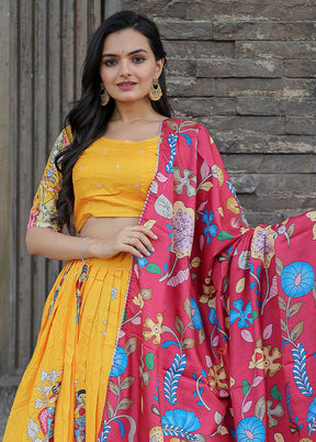 3 Pc Yellow Silk Semi Stitched Lehenga Set