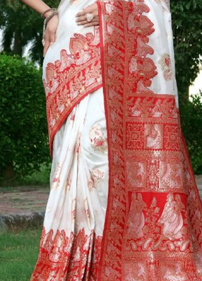 White Banarasi Silk Saree With Blouse Piece