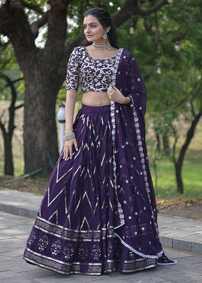 3 Pc Purple Silk Semi Stitched Lehenga Set