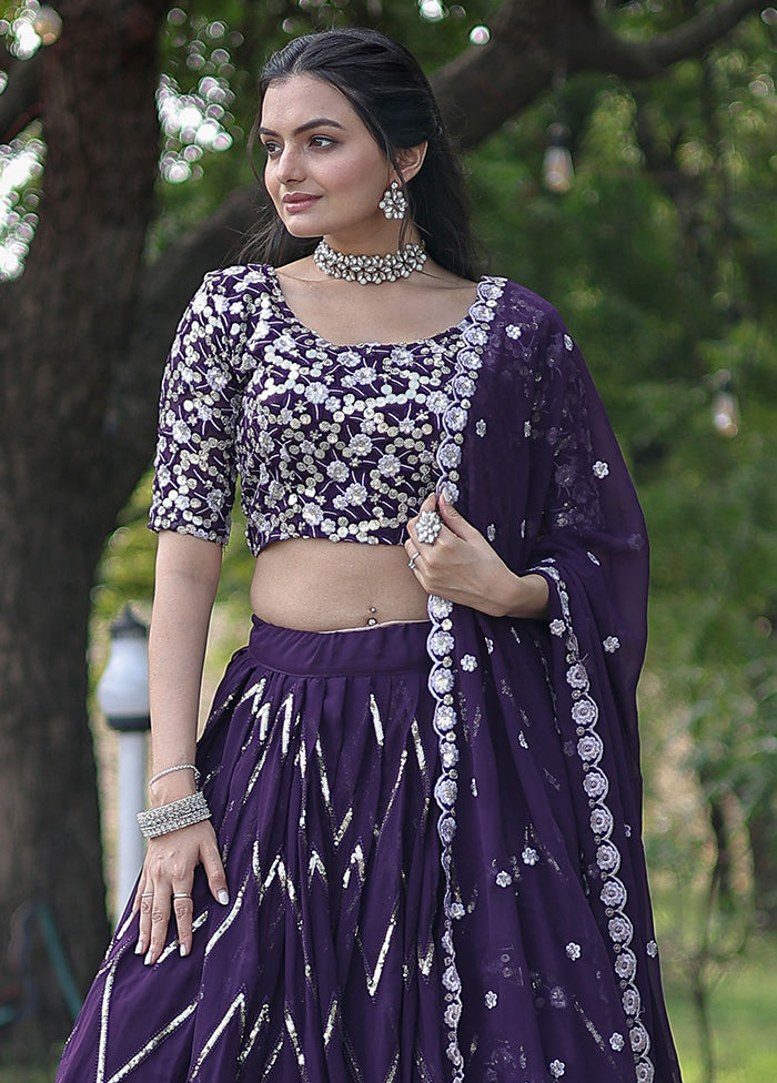 3 Pc Purple Silk Semi Stitched Lehenga Set