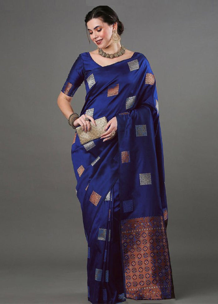 Blue Banarasi Silk Saree With Blouse Piece