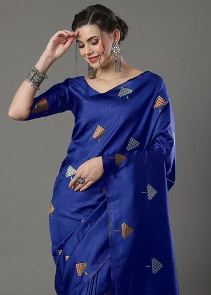 Blue Banarasi Silk Saree With Blouse Piece