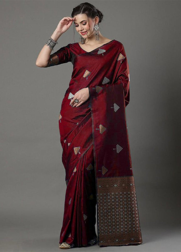 Maroon Banarasi Silk Saree With Blouse Piece