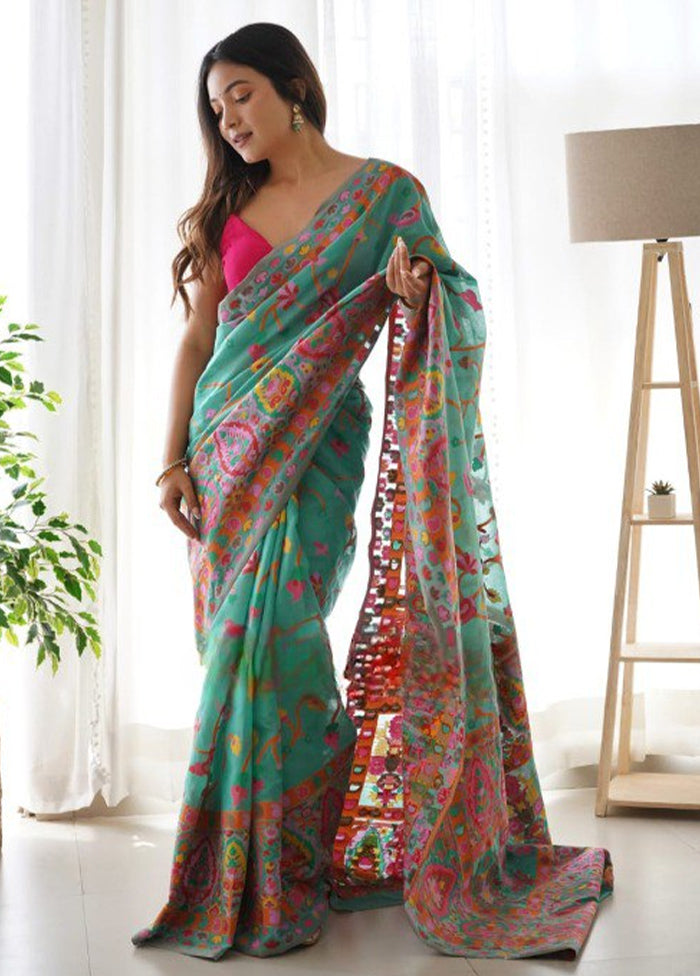 Green Banarasi Silk Saree With Blouse Piece