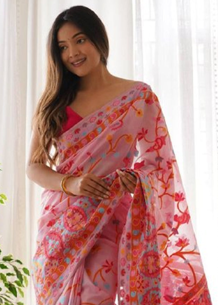 Pink Banarasi Silk Saree With Blouse Piece