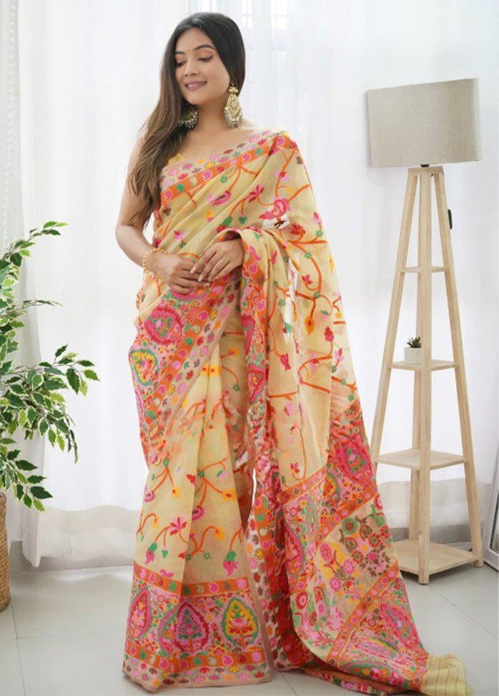 Light Yellow Banarasi Silk Saree With Blouse Piece