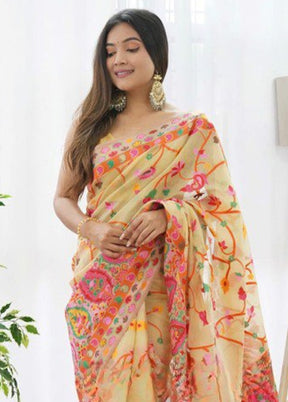 Light Yellow Banarasi Silk Saree With Blouse Piece