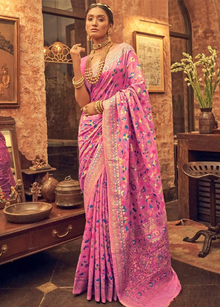 Pink Banarasi Silk Saree With Blouse Piece