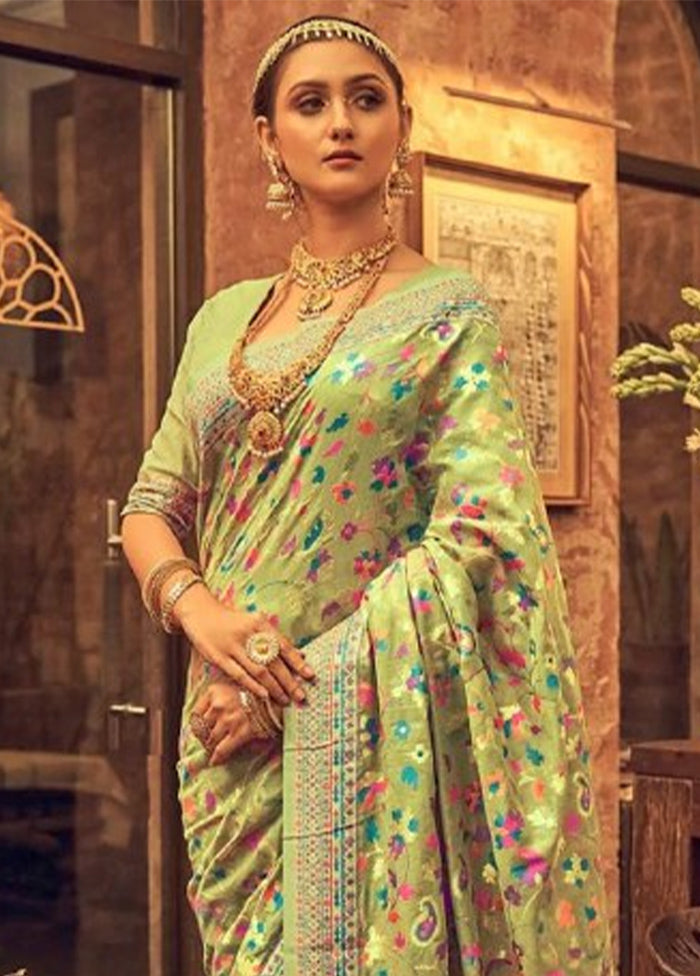 Pista Green Banarasi Silk Saree With Blouse Piece