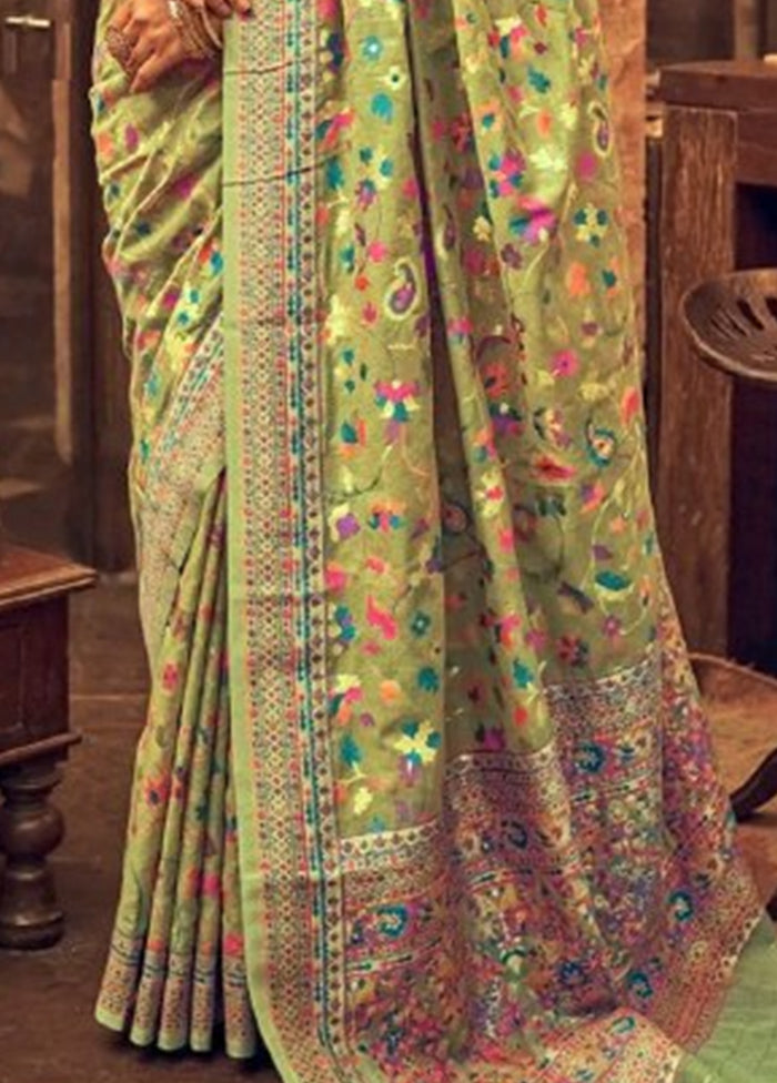 Pista Green Banarasi Silk Saree With Blouse Piece