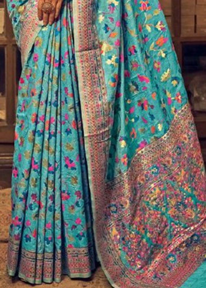 Sky Blue Banarasi Silk Saree With Blouse Piece