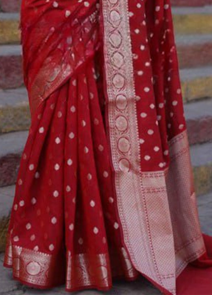 Red Banarasi Silk Saree With Blouse Piece