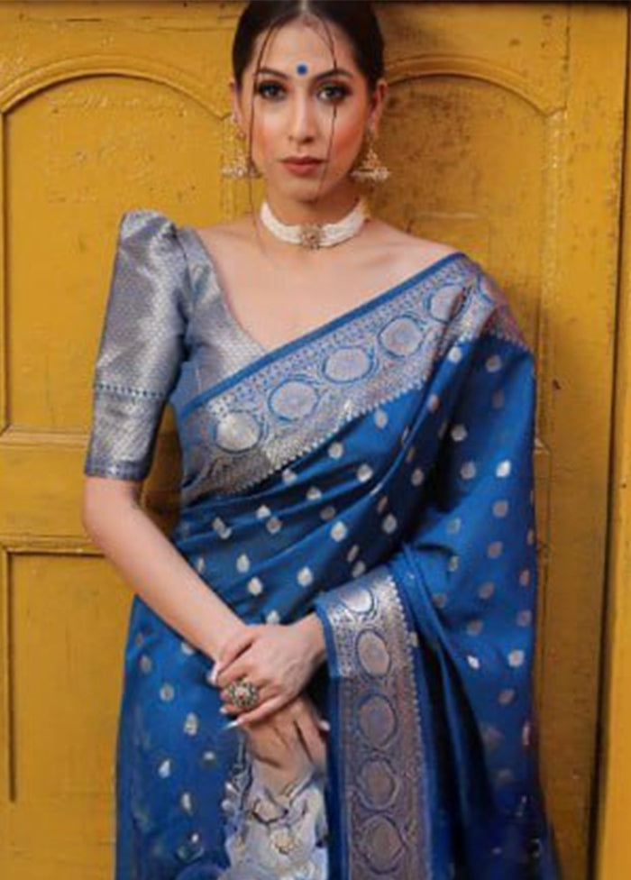 Blue Banarasi Silk Saree With Blouse Piece