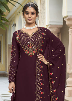 3 Pc Wine Semi Stitched Georgette Suit Set