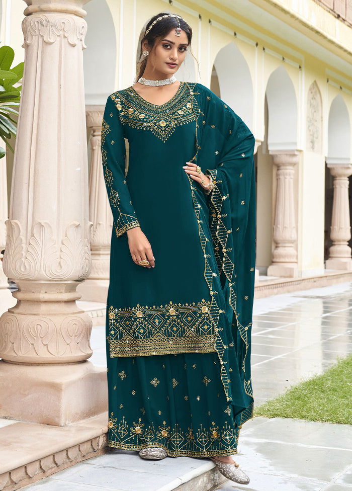 3 Pc Teal Semi Stitched Georgette Suit Set