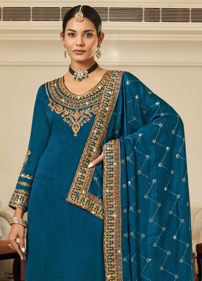 3 Pc Teal Pure Semi Stitched Silk Suit Set