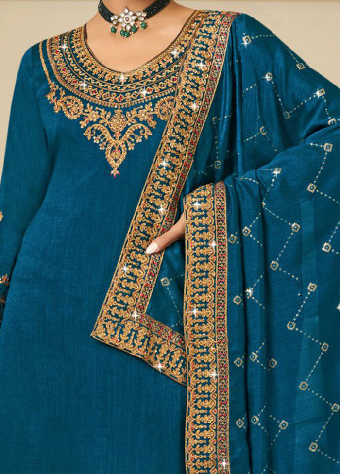 3 Pc Teal Pure Semi Stitched Silk Suit Set