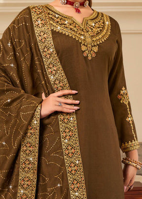 3 Pc Brown Pure Semi Stitched Silk Suit Set