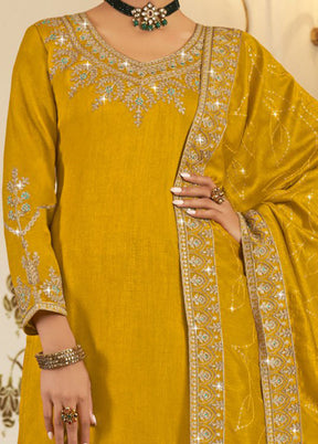 3 Pc Yellow Pure Semi Stitched Silk Suit Set