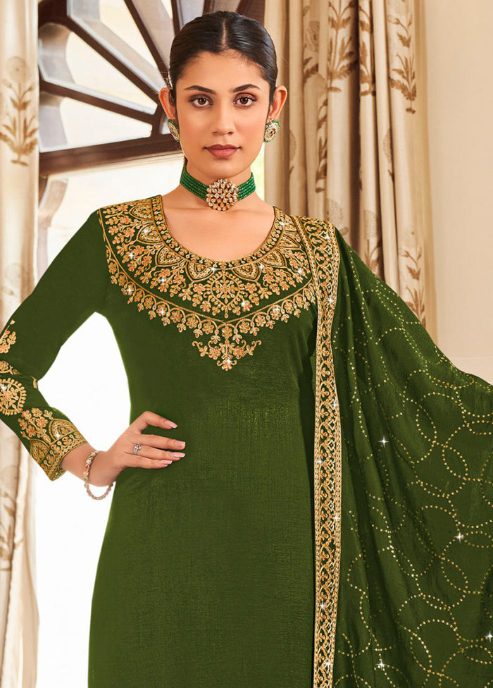 3 Pc Mehendi Green Pure Semi Stitched Silk Suit Set