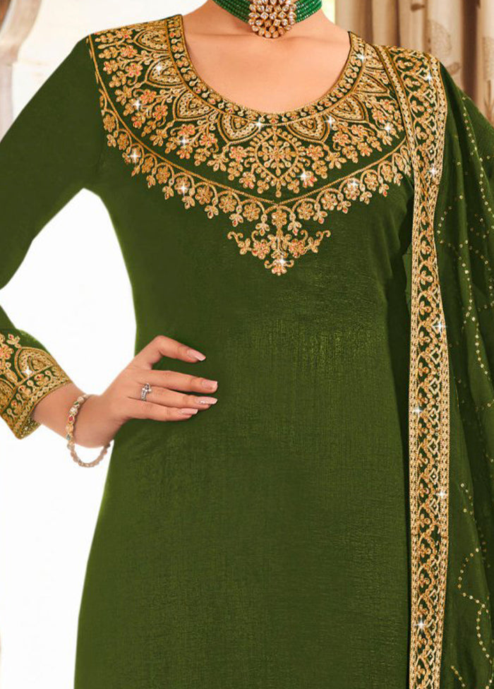 3 Pc Mehendi Green Pure Semi Stitched Silk Suit Set