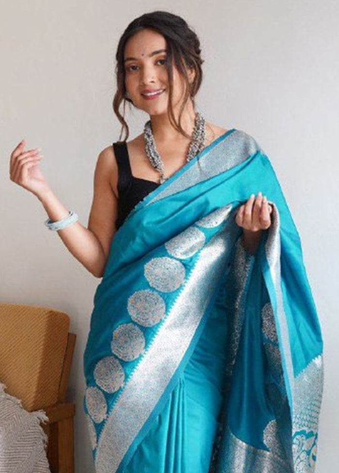 Blue Dupion Silk Saree With Blouse Piece