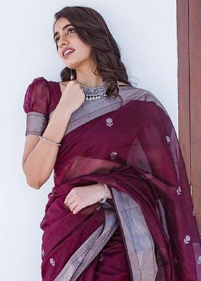 Wine Cotton Saree With Blouse Piece