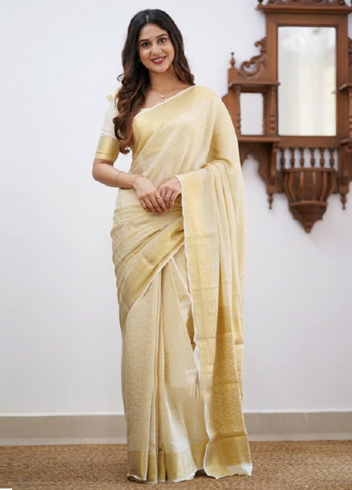 Cream Banarasi Silk Saree With Blouse Piece