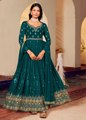 3 Pc Teal Unstitched Georgette Suit Set