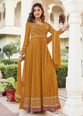 3 Pc Mustard Unstitched Georgette Suit Set