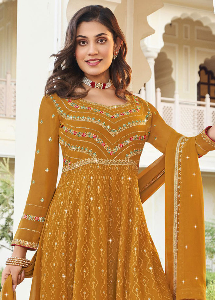 3 Pc Mustard Unstitched Georgette Suit Set