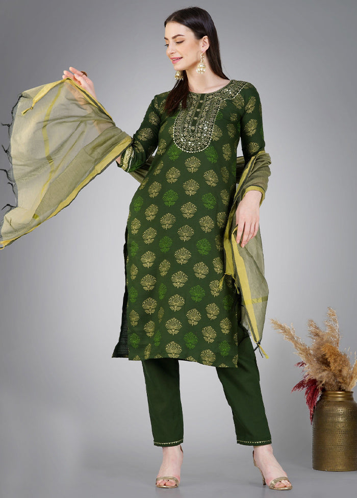 3 Pc Dark Green Readymade Cotton Suit Set