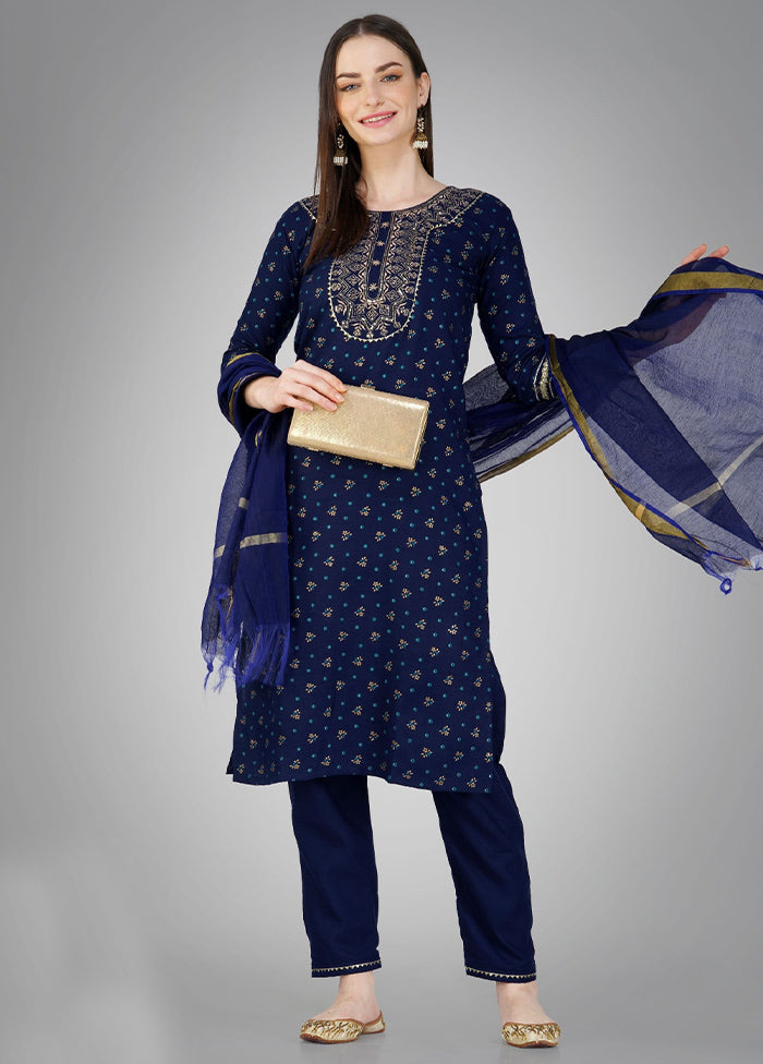 3 Pc Navy Blue Readymade Cotton Suit Set