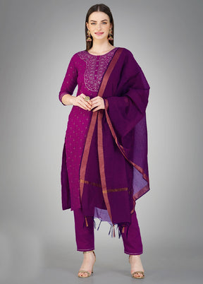 3 Pc Purple Readymade Cotton Suit Set