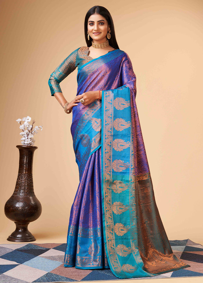 Blue Dupion Silk Saree With Blouse Piece - Indian Silk House Agencies