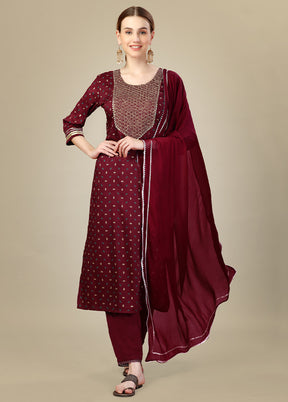 3 Pc Maroon Readymade Silk Suit Set