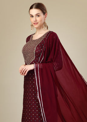 3 Pc Maroon Readymade Silk Suit Set