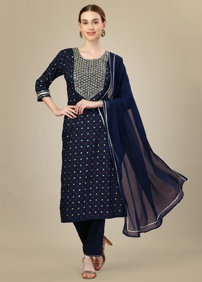 3 Pc Navy Blue Readymade Silk Suit Set