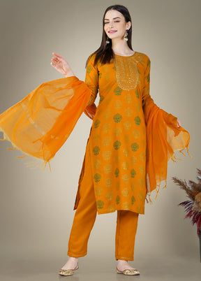 3 Pc Mustard Readymade Cotton Suit Set