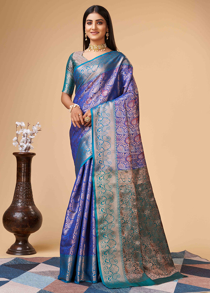 Blue Dupion Silk Saree With Blouse Piece - Indian Silk House Agencies