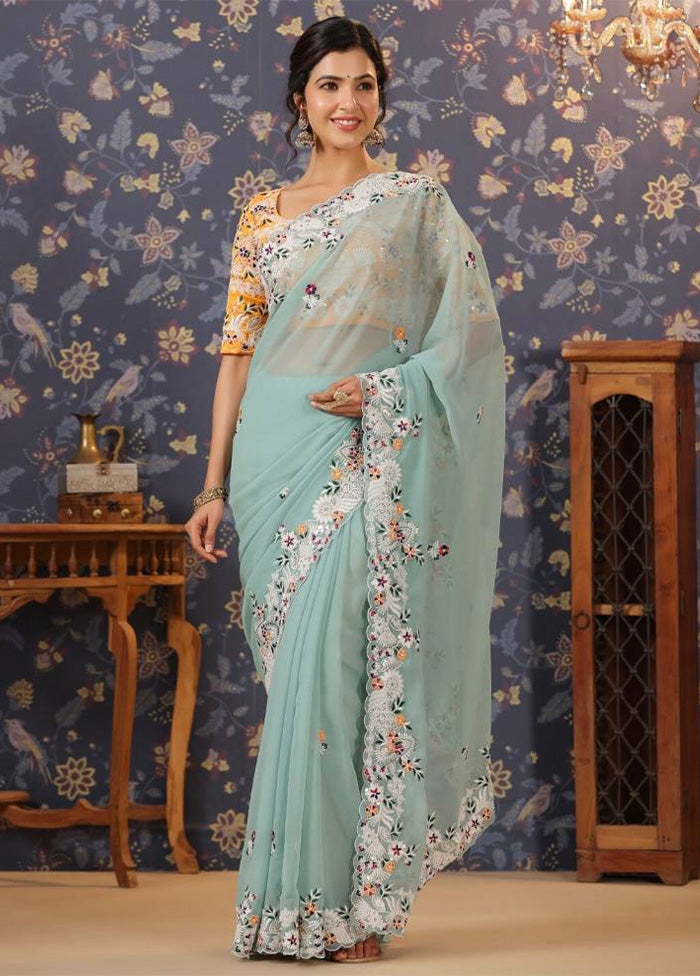 Sky Blue Georgette Saree With Blouse Piece - Indian Silk House Agencies