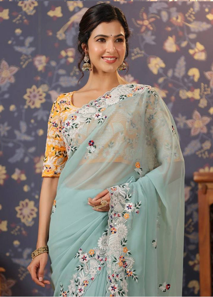 Sky Blue Georgette Saree With Blouse Piece - Indian Silk House Agencies