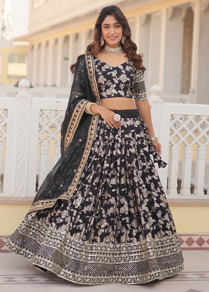 3 Pc Black Viscose Semi Stitched Lehenga Set