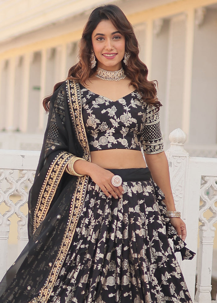 3 Pc Black Viscose Semi Stitched Lehenga Set