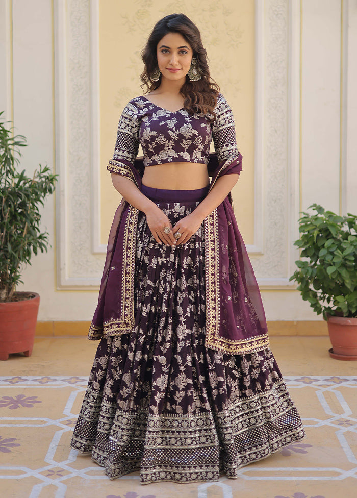 3 Pc Wine Viscose Semi Stitched Lehenga Set