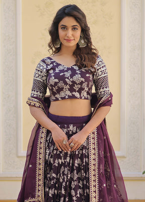 3 Pc Wine Viscose Semi Stitched Lehenga Set